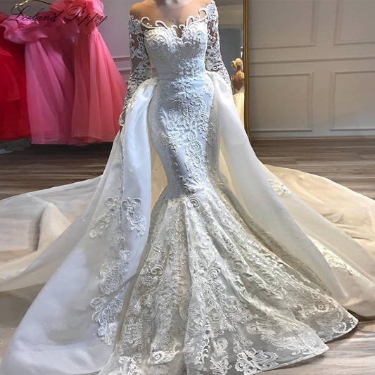 Luxury Appliques Mermaid Wedding Dresses 2019 Scoop Neck Long Sleeves Beaded Detachable Train Bridal Dress Vestido de Noiva - LiveTrendsX