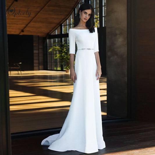 Simple Boat Neck White A-Line Wedding Dress 2019 High Quality  Beaded Half Sleeves Princess Dream Gown Vestido de Noiva - LiveTrendsX