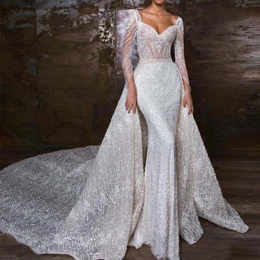 Vestido De Novia Sirena	2020 Sweetheart Mermaid Wedding Dress Beading Long Sleeve Wedding Gowns Detachable Skirt Mariage Dresses - LiveTrendsX