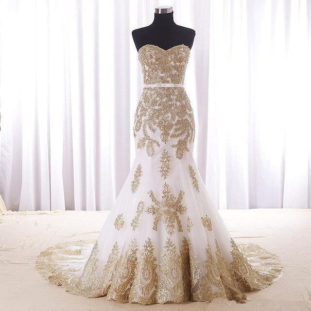 Sexy Mermaid White And Gold Wedding Dress Cheap Real Photos Sweetheart Chapel Train Applique Lace Bridal Dress For Women Girls - LiveTrendsX