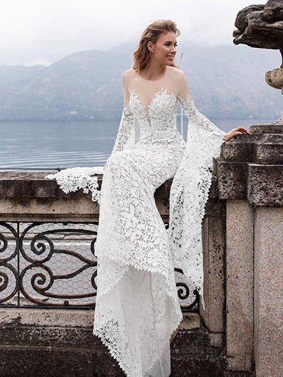 Lace Wedding Dresses Mermaid  Flare Sleeves Princess Bride Dresses Elegant Design Wedding Gowns - LiveTrendsX