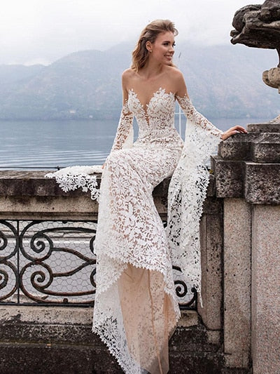 Lace Wedding Dresses Mermaid  Flare Sleeves Princess Bride Dresses Elegant Design Wedding Gowns - LiveTrendsX