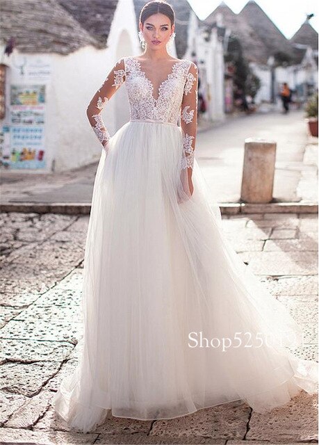 Winsome Tulle V-Neckline A-line Wedding Dresses Long Sleeves Elegant Lace Bridal Dress vestido noiva sereia - LiveTrendsX