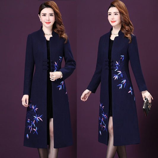 Winter Fall Fashion Women Mandarin Collar Blue Black Long Woolen Coat , Female Womens Embroidery Diamonds 4xl 5xl Coats Overcoat - LiveTrendsX