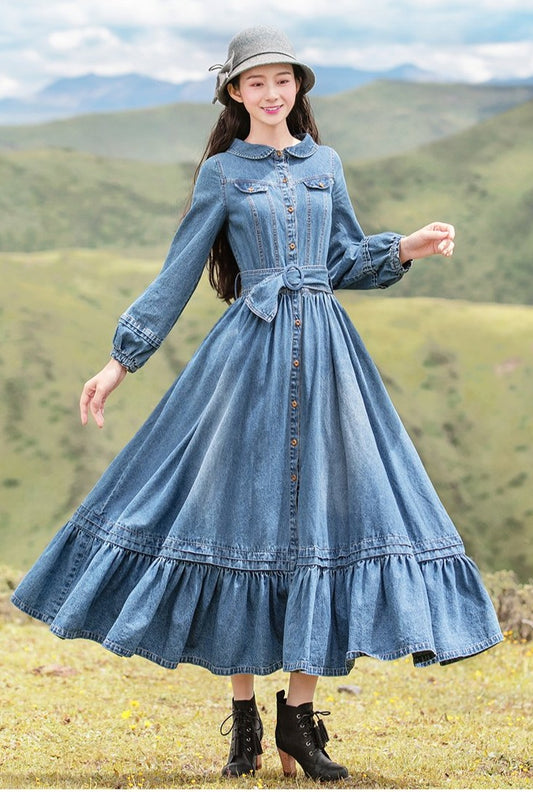 Women Vintage Denim Long Maxi Dresses