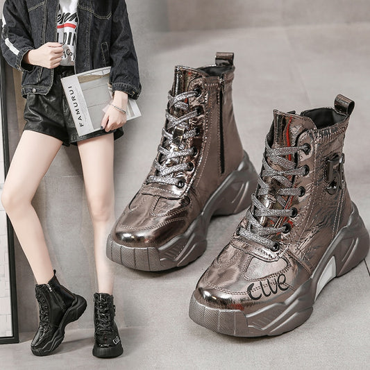 Platform Women Boots 2019 Winter Snow Boots Female Boots Bright Leather Warm Lace Flat with Women Shoes Tide Botas Mujer - LiveTrendsX