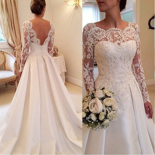 Elegant Vestido De Renda Lace Long Sleeves Wedding Dress Open Back A Line Plus Size Satin Skirt Bridal Gowns Fast Delivery - LiveTrendsX