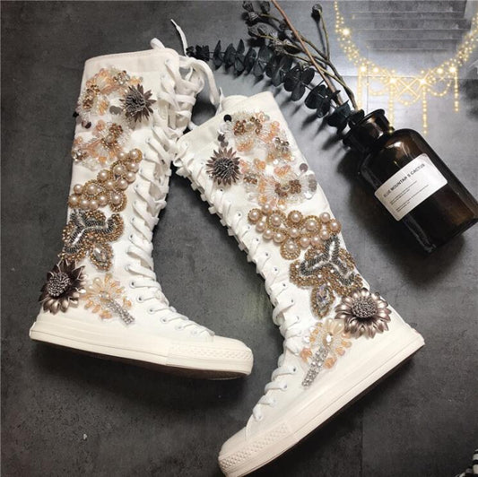 Women Shoes Woman Boots Flat Mid-calf Boots Fashion Beaded Canvas Shoes Autumn New Rhinestones with White Thin Booties - LiveTrendsX