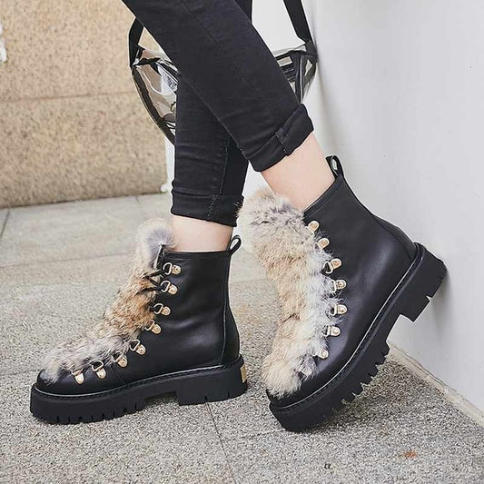 thick bottom cow leather rabbit fur boots fashion metal rivets round toe med heels winter keep warm ankle boots L57 - LiveTrendsX