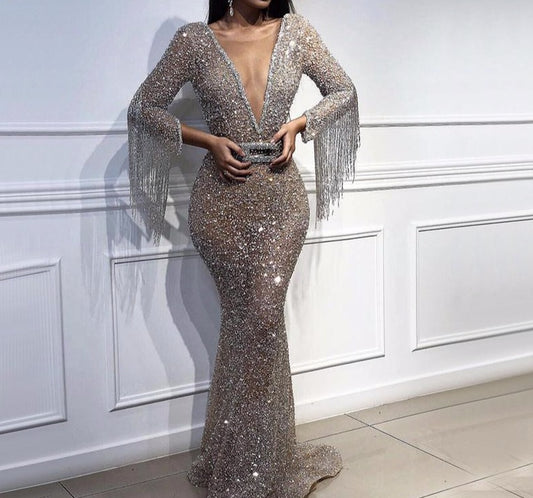 Dubai Luxury Long Sleeves Tassel Evening Dresses 2020 V-Neck Beading Sequined Sexy Evening Gowns - LiveTrendsX