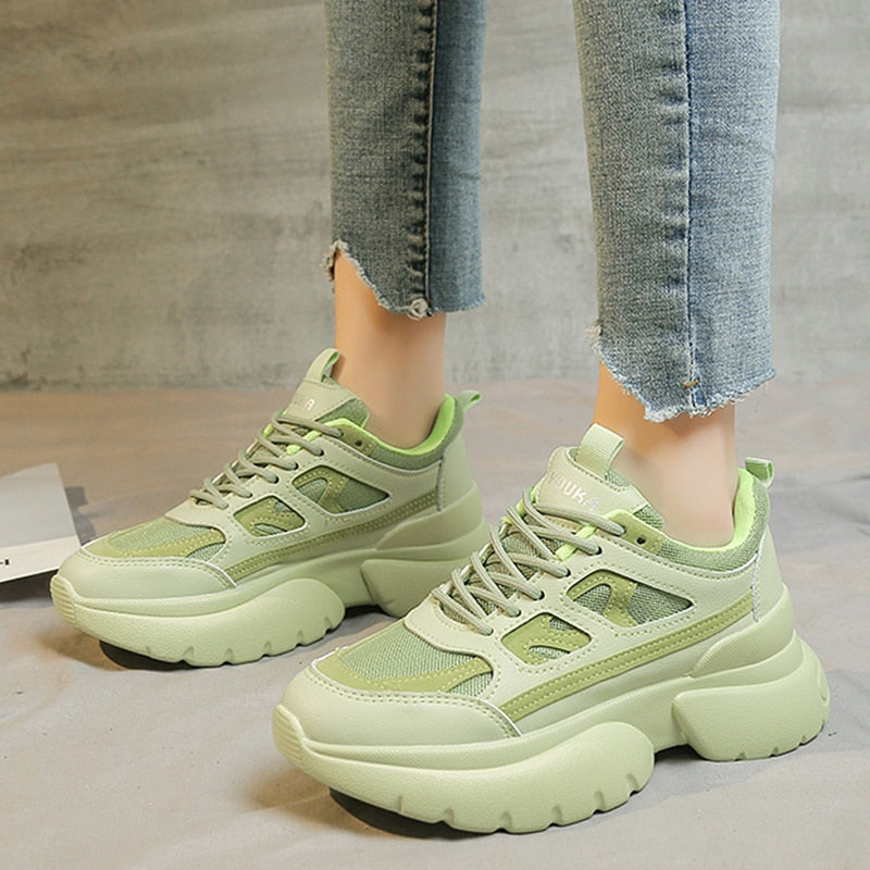 Green Chunky Platform Sneakers Women 2020 Spring Casual Lace Up Wedges Shoes Woman Breathable Mesh Vulcanized Shoes Mujer - LiveTrendsX