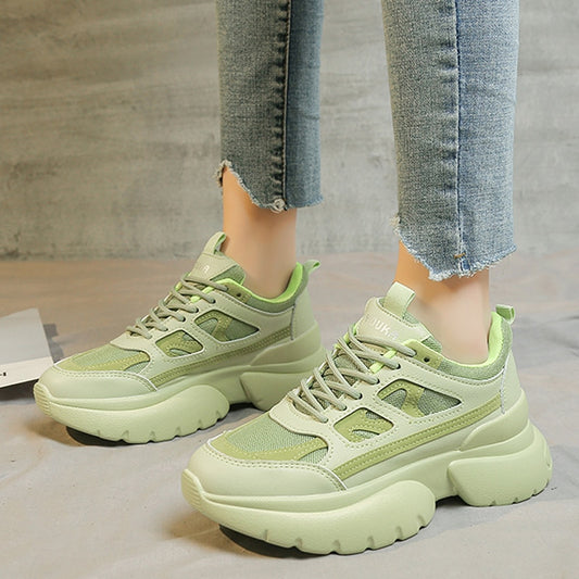 Green Chunky Platform Sneakers Women 2020 Spring Casual Lace Up Wedges Shoes Woman Breathable Mesh Vulcanized Shoes Mujer - LiveTrendsX