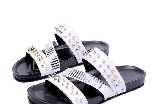 Men's Slippers flip flops Flat Rivet punk Fashion Outside non-slip Sewing Men Shoes Leisure cow leather Summer pantuflas - LiveTrendsX