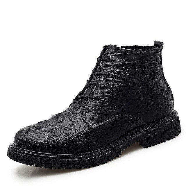 Business Men Boots Elite Men's Shoes Crocodile Texture Fur Men Snow Boots High Quality Leather Shoes Warm Chelsea Boots - LiveTrendsX