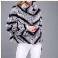 women real rex rabbit fur jacket short coat Chinchilla color with stripe warm winter  classic furry soft fluffy - LiveTrendsX