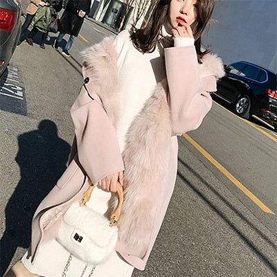 Winter Women Pink Detachable Large Fur Collar Woolen Coat  Long Loose Hooded Keep Warm Wool Coat Trend  Outfit Q69 - LiveTrendsX