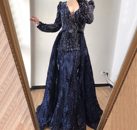 Dubai Blue Deep-V Crystal Sexy Evening Dresses 2020 Long Sleeves Luxury Mermaid Evening Gowns - LiveTrendsX