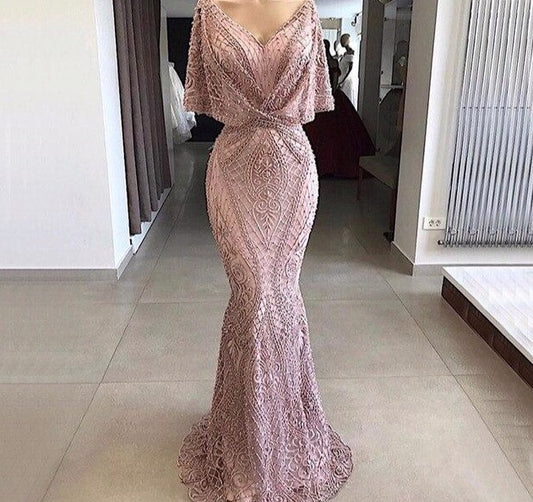 Dubai Pink V-Neck Pearls Lace Evening Gowns 2020 Half Sleeves Mermaid Sexy Elegant  Formal Evening Dresses - LiveTrendsX