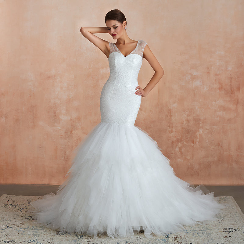 Women Mermaid Wedding Dresses 2019 Ruffles Tulle Sweetheart  Cap Sleeves Sequin Beaded Bridal Dress - LiveTrendsX