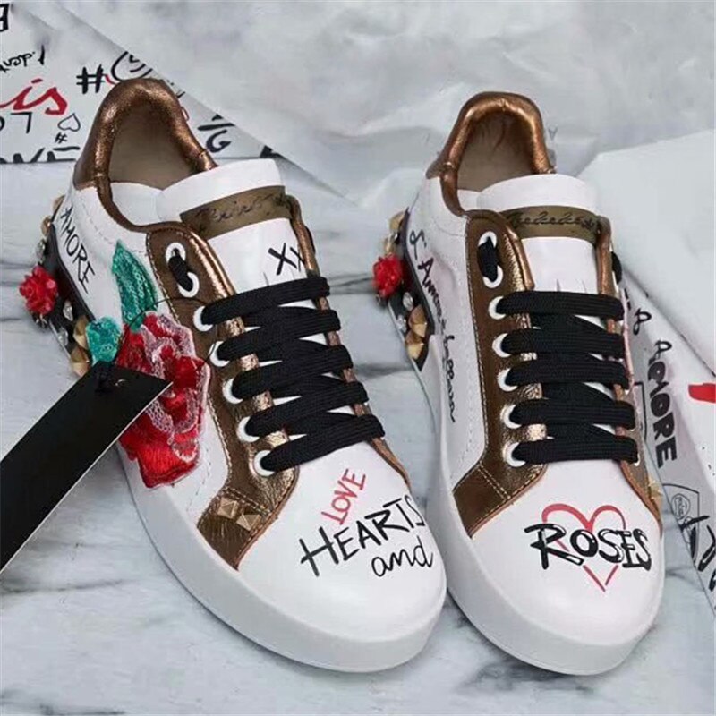 Rose Graffiti Rhinestone Flats Print Genuine Leather Sneakers Fashion Lace Up Quality Round Toe Ladies Loafer Shoes Women - LiveTrendsX