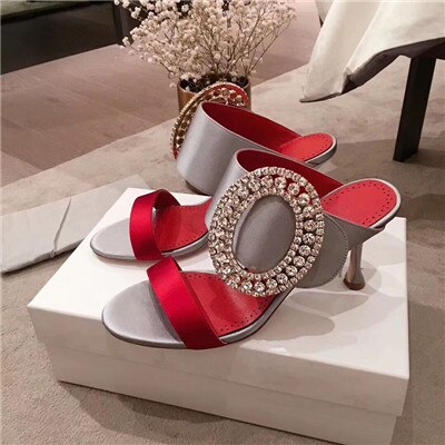 New Silk Two bands high heel Slippers shoes woman Luxury Big Circular rhinestone buckle Mules Dress party shoes jeweled sandals - LiveTrendsX