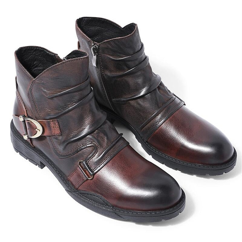 Trendy Buckle Belt Boots Men Full Grain Leather Casual Boots