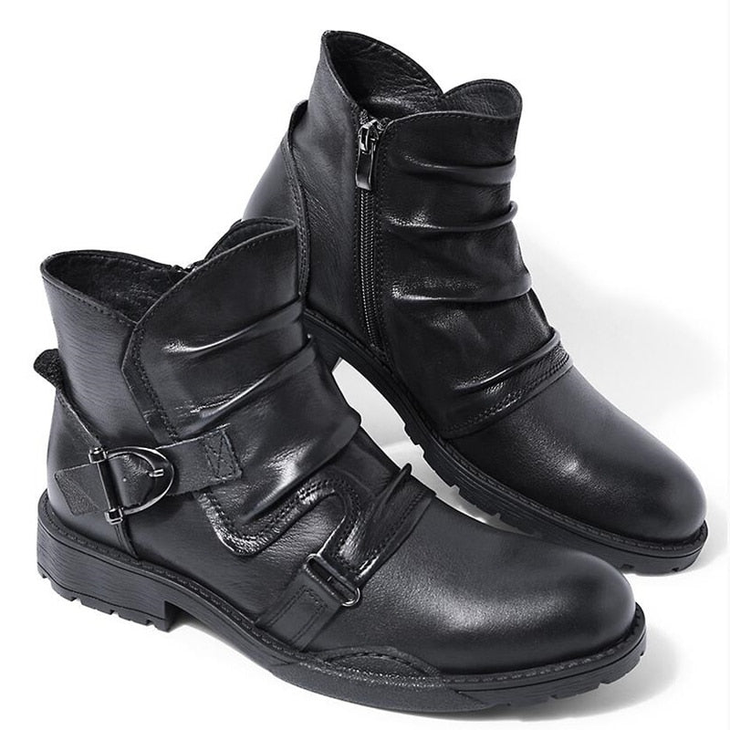 Trendy Buckle Belt Boots Men Full Grain Leather Casual Boots