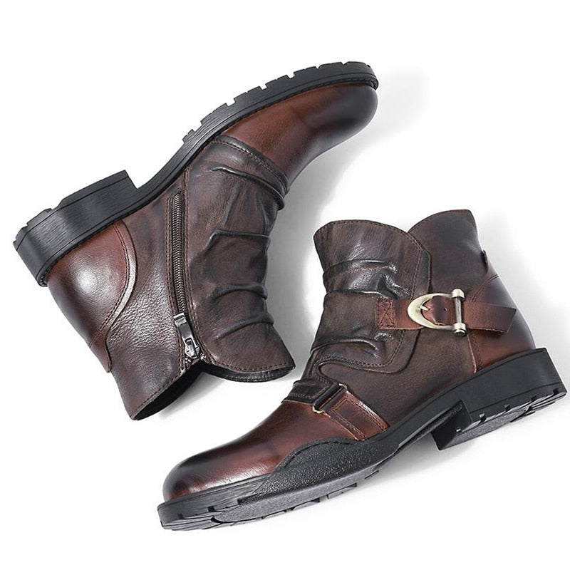 Trendy Buckle Belt Boots Men Full Grain Leather Casual Boots