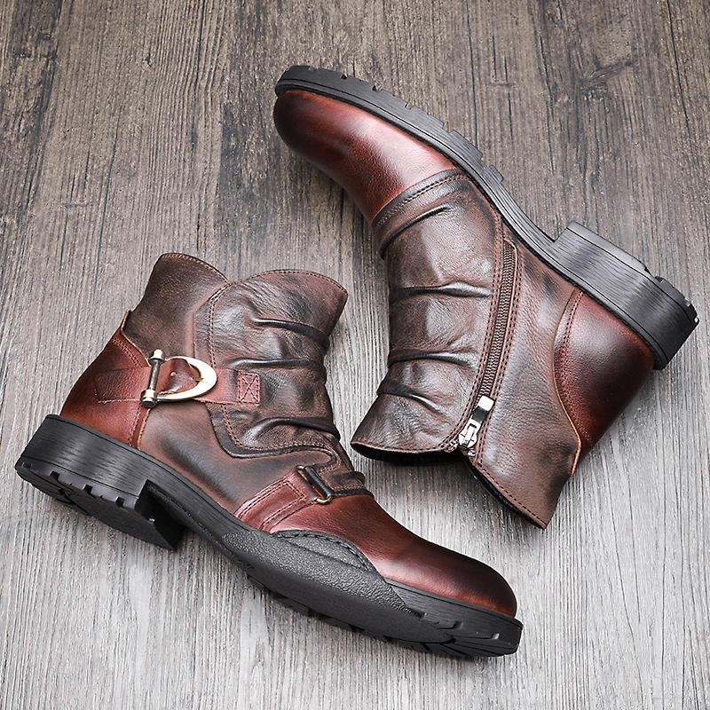 Trendy Buckle Belt Boots Men Full Grain Leather Casual Boots