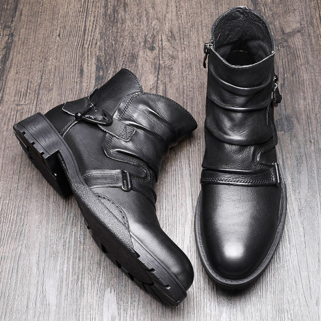 Trendy Buckle Belt Boots Men Full Grain Leather Casual Boots