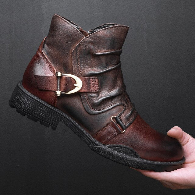 Trendy Buckle Belt Boots Men Full Grain Leather Casual Boots