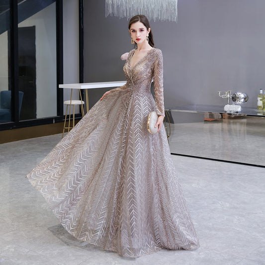 Dubai Luxury Long Sleeve Evening Dress 2020 Gorgeous V-Neck Lace Pleated Beaded Crystal Sexy Formal Gown - LiveTrendsX