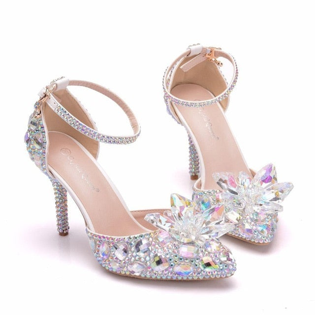 European Wedding Shoes Female White Drill Rhinestone Crystal Sandals Stiletto Pointed  Bridal Shoes High Heels - LiveTrendsX