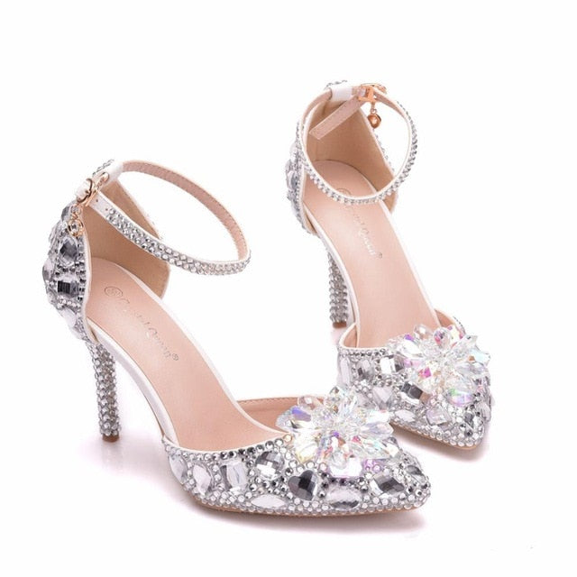 European Wedding Shoes Female White Drill Rhinestone Crystal Sandals Stiletto Pointed  Bridal Shoes High Heels - LiveTrendsX