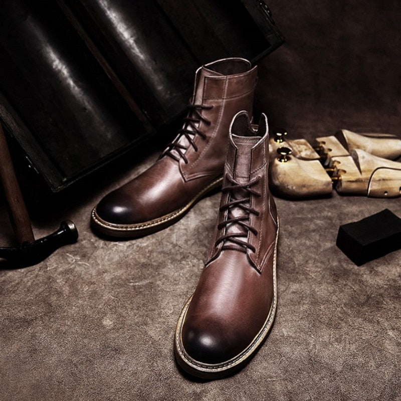 Men  Lace-Up Cow Leather Cowboy Boots