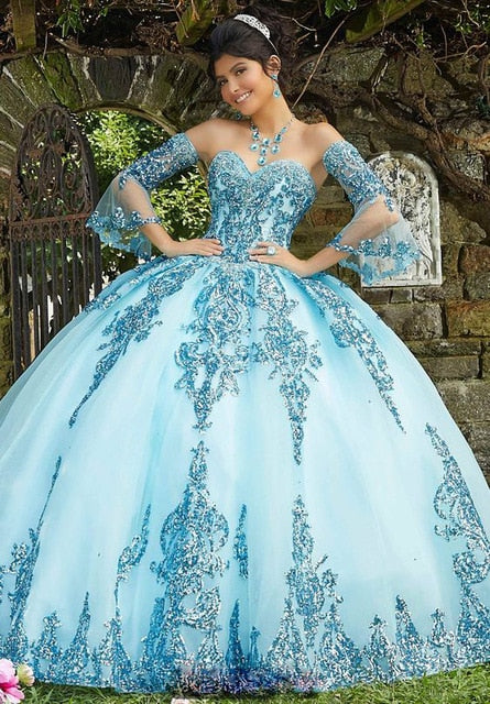 Ball Gown Sweet 16 Quinceanera Dresses Lace Sweep Train Organza Vestidos De 15 Anos Girls Robe Long Sleeves - LiveTrendsX