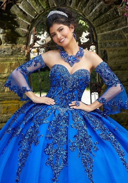 Ball Gown Sweet 16 Quinceanera Dresses Lace Sweep Train Organza Vestidos De 15 Anos Girls Robe Long Sleeves - LiveTrendsX