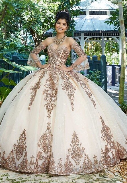 Ball Gown Sweet 16 Quinceanera Dresses Lace Sweep Train Organza Vestidos De 15 Anos Girls Robe Long Sleeves - LiveTrendsX