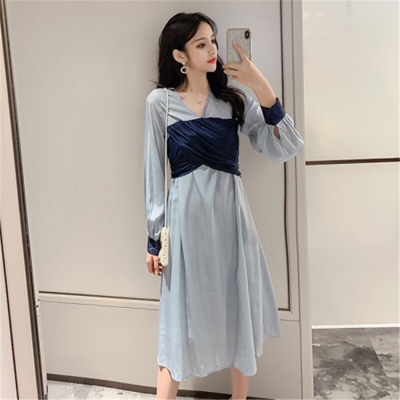 Long sleeve dress female  Korean spring new fashion temperament V-neck long fake two-piece stitching dress - LiveTrendsX