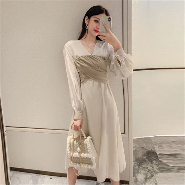 Long sleeve dress female  Korean spring new fashion temperament V-neck long fake two-piece stitching dress - LiveTrendsX