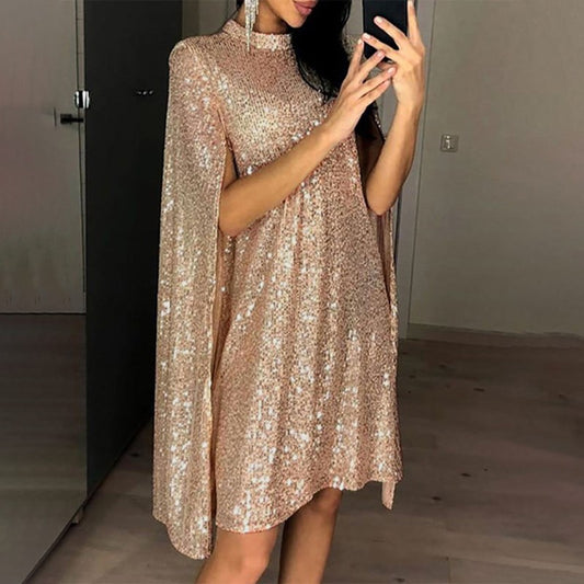 Women's Sequined Party Midi Dress Cloak Sleeves Spring Dresses Female Summer Loose Elegant Fashion Ladies Clothes vestidos - LiveTrendsX