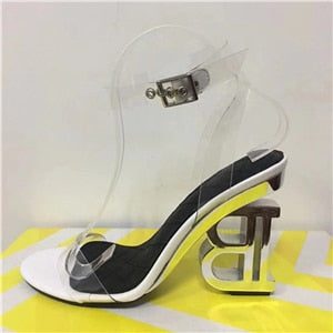 Novelty Metal Letter Heel Gladiator Sandals Women Ankle Strap One-strap Transparent PVC Strange Heel Fashion Summer Shoes Woman - LiveTrendsX