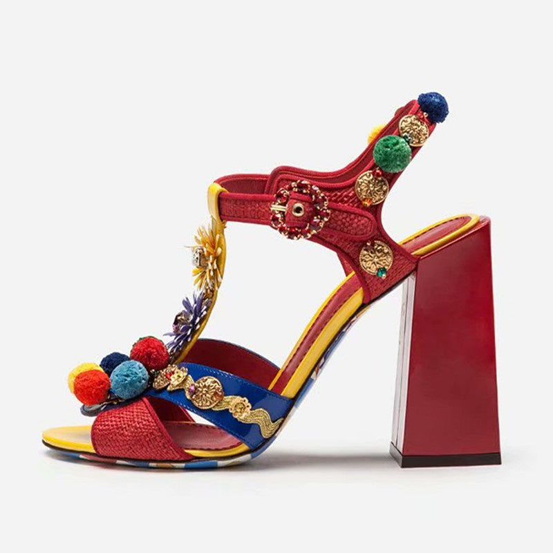 Tribal Fashion Pom-pom Embellished Red Sandals Block Heel Open Toe T-strap Flower Shoes Beach Sandals - LiveTrendsX