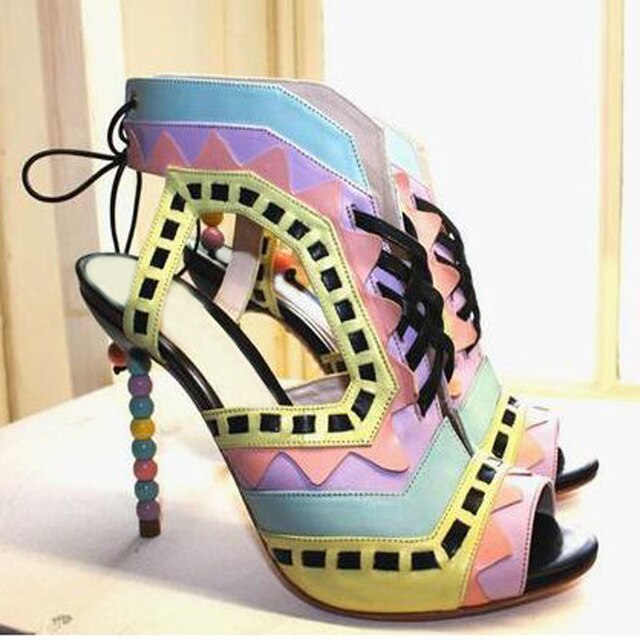 Hot Beading Spliced Heels Sandals Geometry Suede Patchwork Multi Beads Slingback Lace Up Sandals Peep Toe Stage Show Shoes - LiveTrendsX