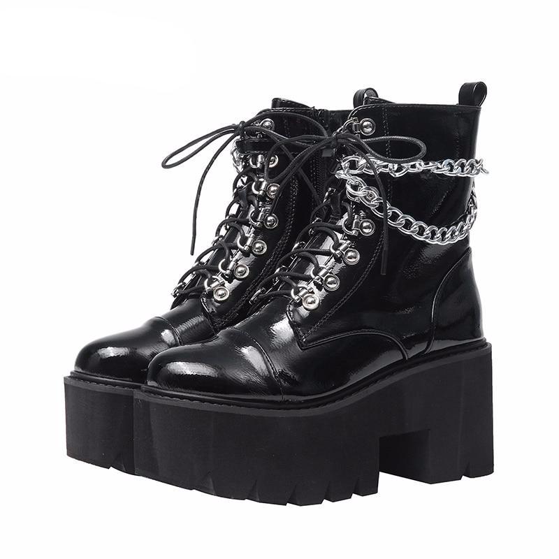 Patent Leather Gothic Black Boots Women Heel Sexy Chain Chunky Heel Platform Boots Female Punk Style Ankle Boots Zipper - LiveTrendsX