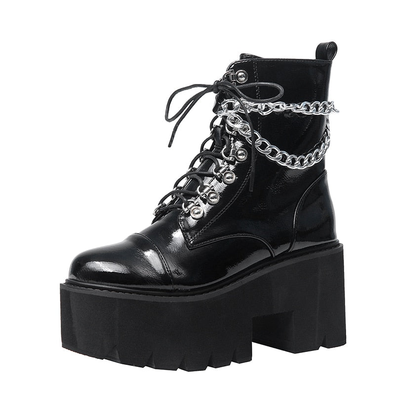 Patent Leather Gothic Black Boots Women Heel Sexy Chain Chunky Heel Platform Boots Female Punk Style Ankle Boots Zipper - LiveTrendsX