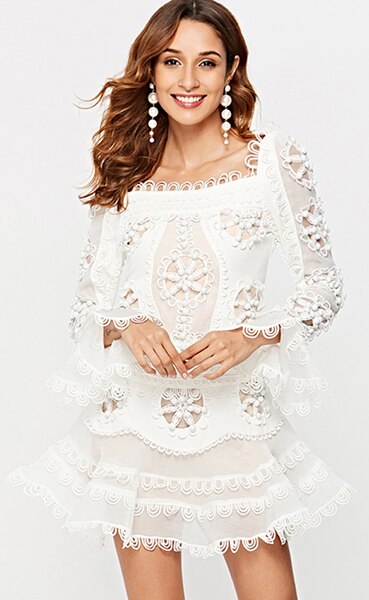 new elegant white lace openwork chiffon dress sexy women's long sleeve mini fishtail dress celebrity party dress Vestidos - LiveTrendsX