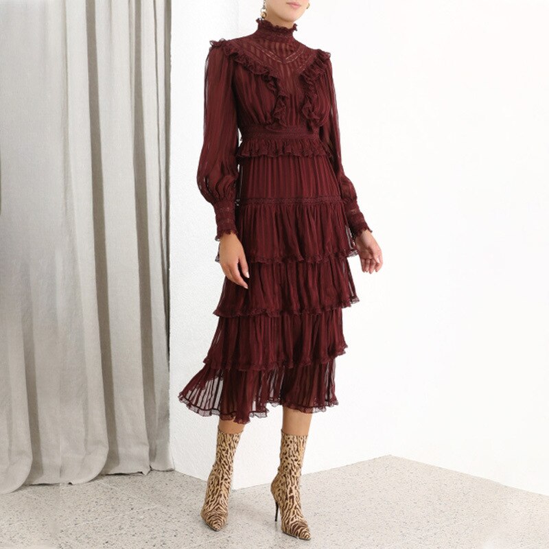 Autumn new arrive elegant vintage ruffles puff sleeve women dress - LiveTrendsX