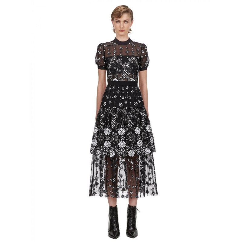 New arrive women lace dress round collor short sleeve female black flower midi dress - LiveTrendsX