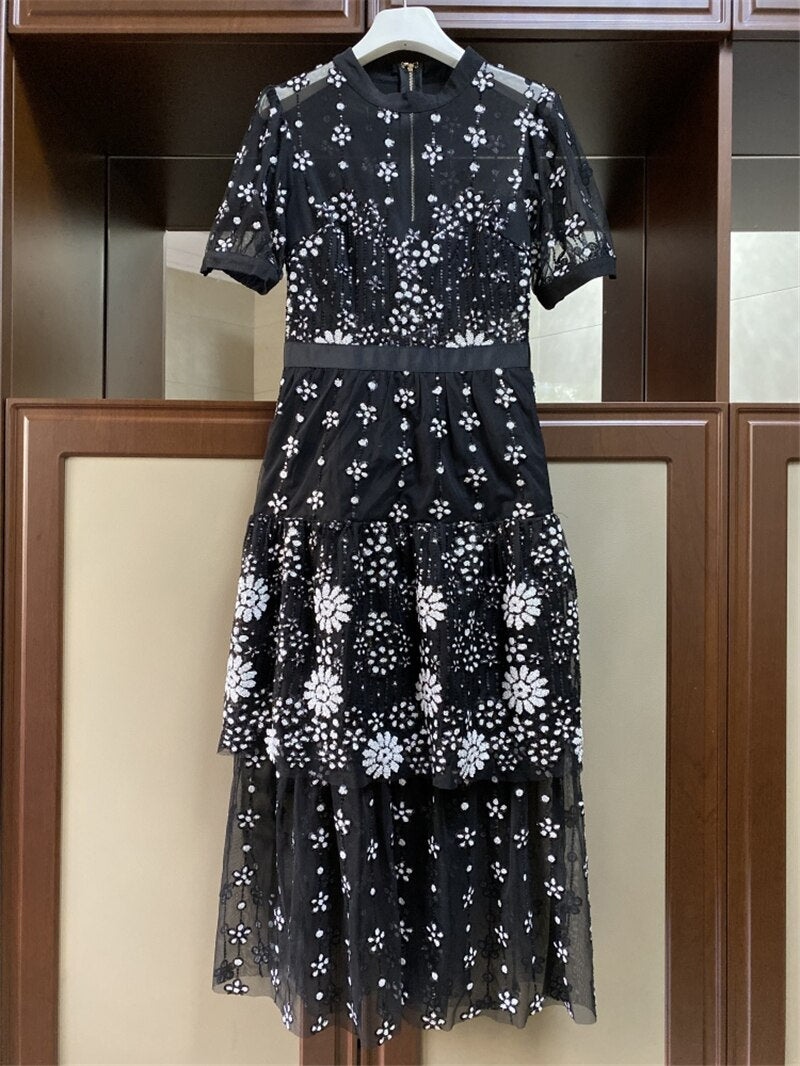 New arrive women lace dress round collor short sleeve female black flower midi dress - LiveTrendsX